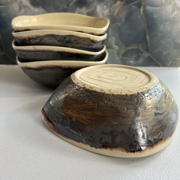 Studio Art Pottery Brown Square Shaped Bowls Stoneware Handmade Set of 5 - Picture 1 of 10